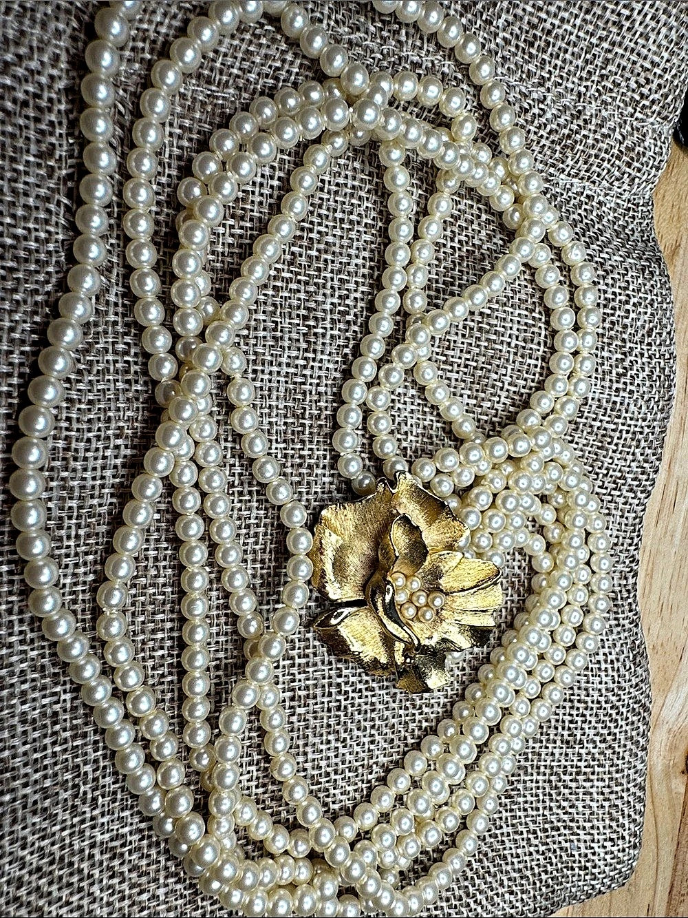 Trifari Vintage Crown Trifari Gold Tone Flower Faux Pearl Multi-Strand Necklace